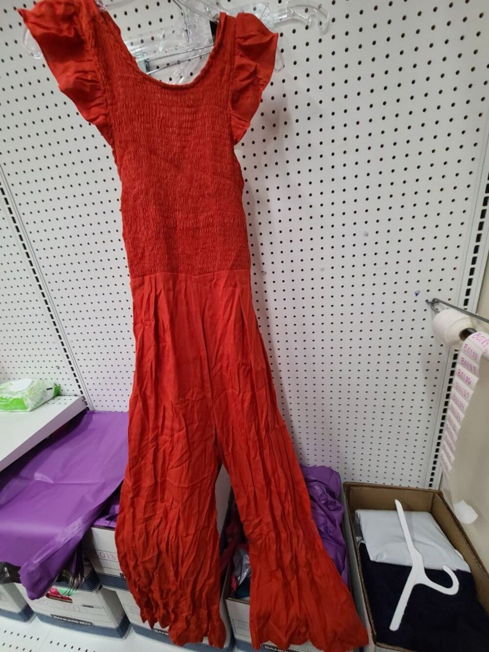 Sugar Lips Womens Red Smocked Jumpsuit With Ruffle Sleeves XS